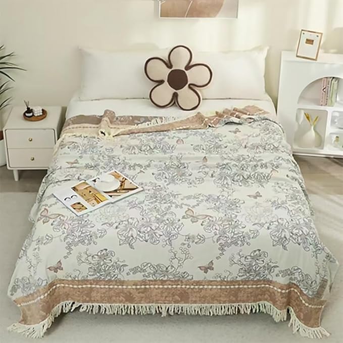 Boho Muslin Blanket for Adults 4-Layer Gauze Twin Size Soft Cozy 100% Cotton Summer Cooling Blanket Floral Decor for Sofa Bed Coverlet Both Sides (Tassels Floral Tan, Twin 60 x 80 in)