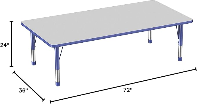 FDP Rectangle Activity School and Classroom Kids Table (36 x 72 inch), Toddler Legs, Adjustable Height 15-24 inches - Gray Top and Blue Edge