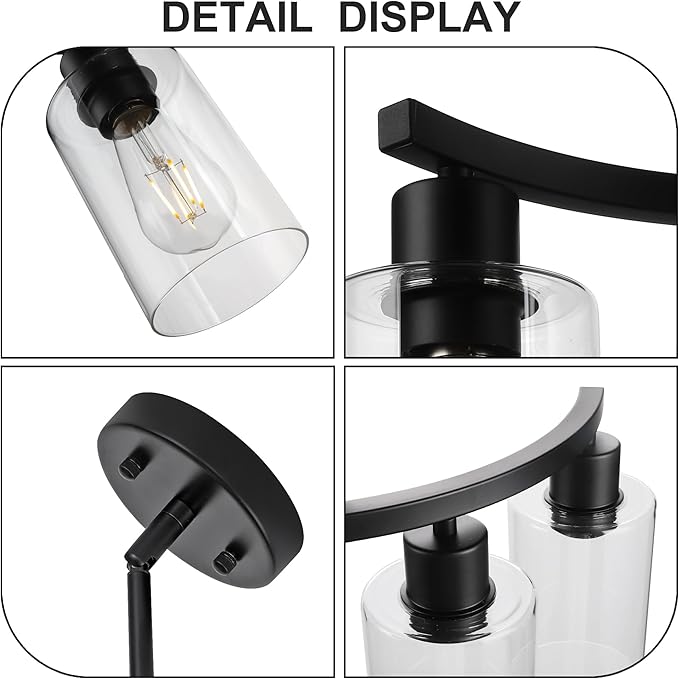 6 Light Modern Farmhouse Chandelier,Black Dining Room Light Fixture,Kitchen Pendant Lights Over Island with Glass Shade