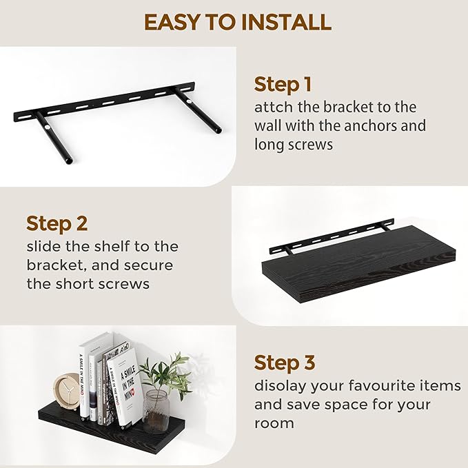 Fun Memories Floating Shelves 48 Inch Set of 2, Black 48 x 9 Wall Shelves for Home Decor Storage, Rustic Wood Floating Shelf for Wall, 9 Inch Deep Shelving for Bathroom, Living Room, Kitchen