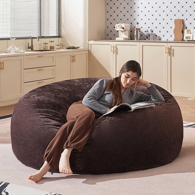 Bean Bag Chair 6Ft, Memory Foam Filled, Large Beanbag Chairs for Adults and Teens, Soft Sofa with Removable Flannel Cover, Round Couch for Living Room Bedroom College Dorm (Brown, 6FT-67×67"×24")