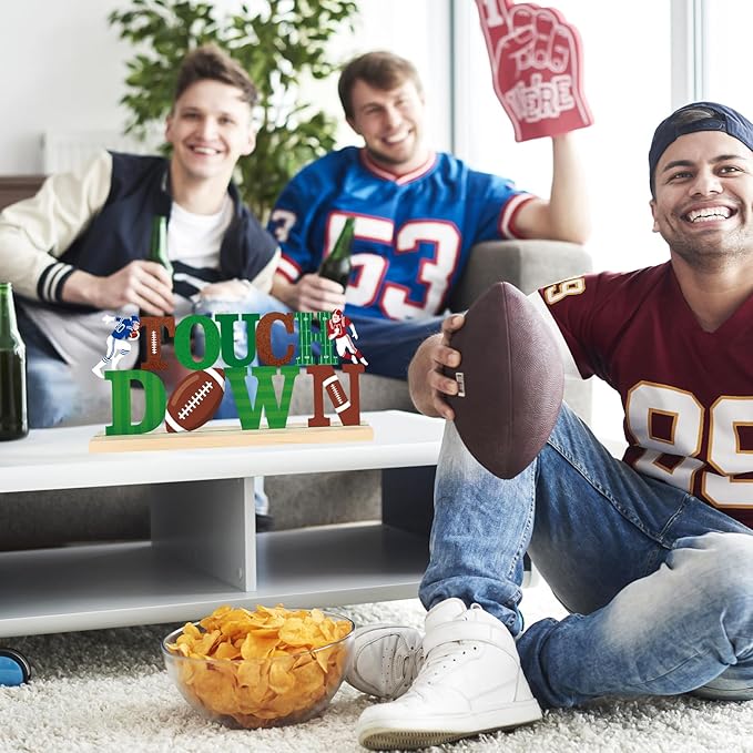 COCHIE Metal Football Touchdown Sign, Green Super Football Bowl Game Tailgate Party Decorations for Home, Office, Shelf, Mantel, Indoor, Touch Down Table Toppers Decor (Superbowl)
