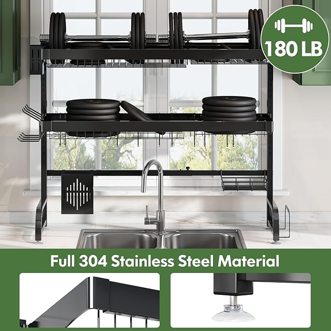 3 Tier Extra Large Stainless Steel Expandable Over The Sink Dish Drainer Drying Rack, Rust Proof Metal, Space Saving, Modern Black Big Capacity Extendable Plate Strainers Above Kitchen Counter