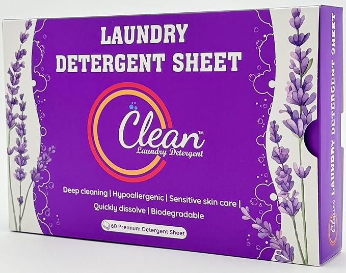 Clean Laundry Detergent™ – Hypoallergenic, Eco-Friendly, Plant-Based, Biodegradable, 100% Natural – Gentle on Skin & Fabrics, Lavender Scent, 60 Premium Laundry Detergent Sheet (Lavender)