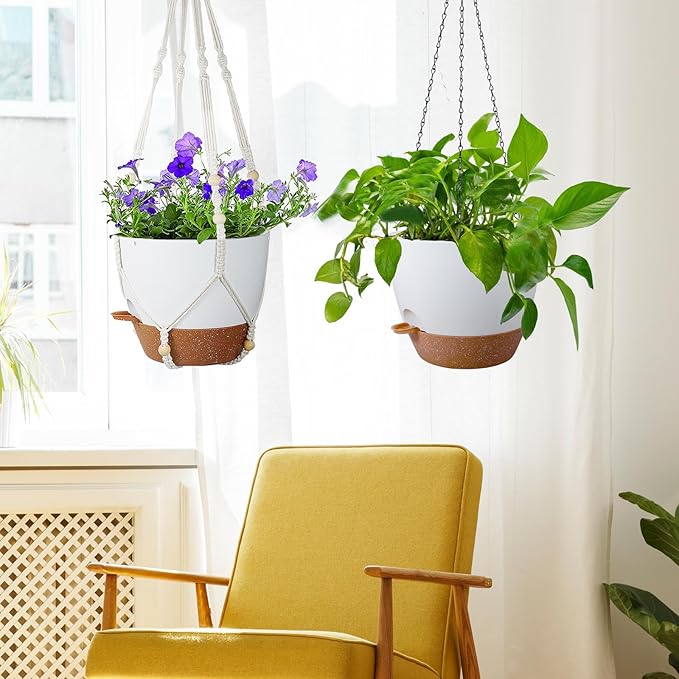 10 inch Self Watering Hanging Planters, 2 Pack Hanging Baskets for Indoor Outdoor Plants, Hanging Flower Pots with Drainage Holes & 2 Kinds of Plant Hangers for Garden Home Décor, White Brown