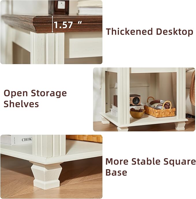 Farmhouse End Table Set of 2,Large Side Table with 2-Tier Storage Shelf,Rustic Wood End Tables for Living Room,Square Tea Table,White