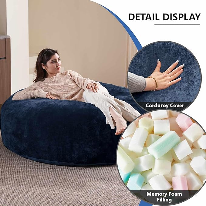4FT Large Bean Bag Chairs,Big Adult Size Memory Foam Beanbags with Filler Included,Machine Washable Corduroy Cover,Ultra Soft Plush Gaming Bing Bag Puff Chair for Dorm, Living Room & Bedroom (Blue)