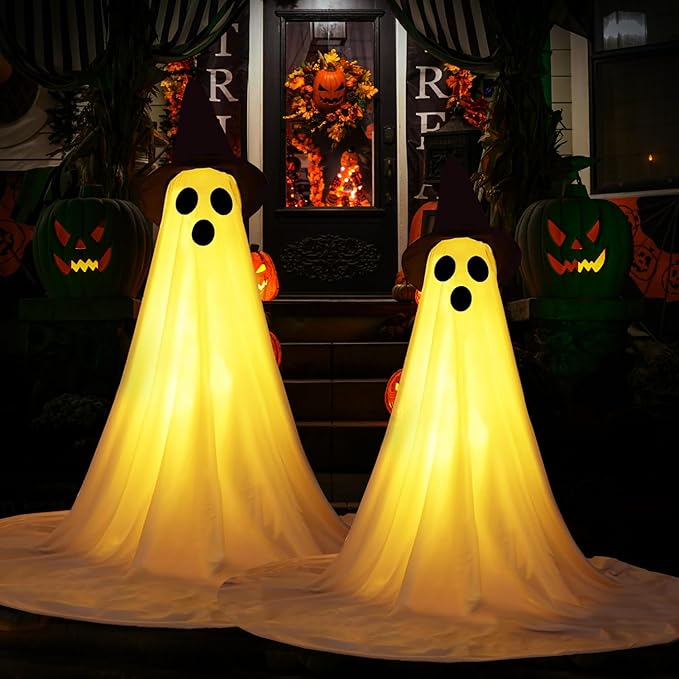 2 Packs Halloween Ghost Outdoor Decorations, 59β Light Up Ghost Decor with Remote Control, Adjustable Height Standing Halloween Lighted Ghost Kit with Witch Hat Ideal for Porch, Garden, Yard