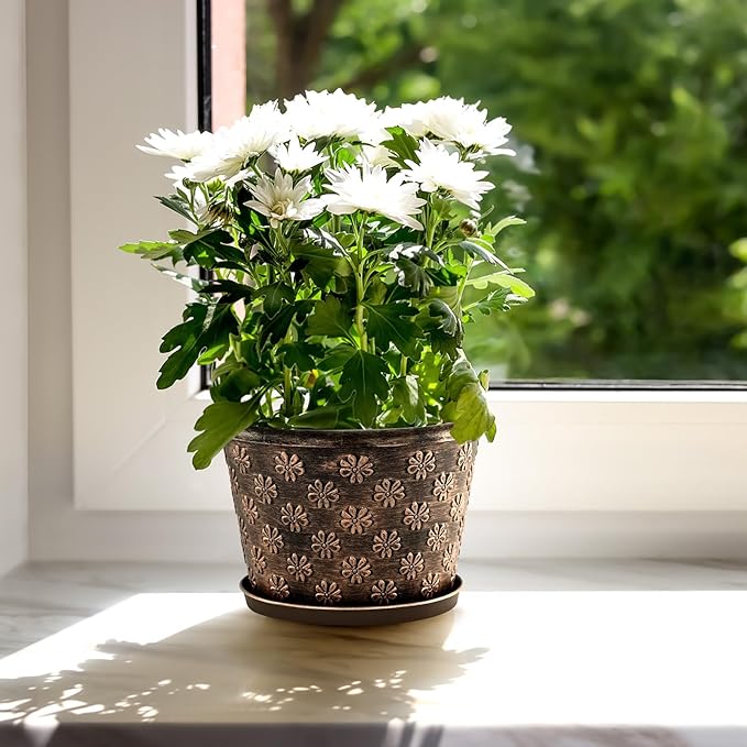 10 Inch Planter Pots for Plants, 4 Pack Plastic Large Flower Pots Indoor Outdoor, Resin Plant Pot with Drainage & Saucer, Retro Decorative Garden Pot with Removable Trays for House