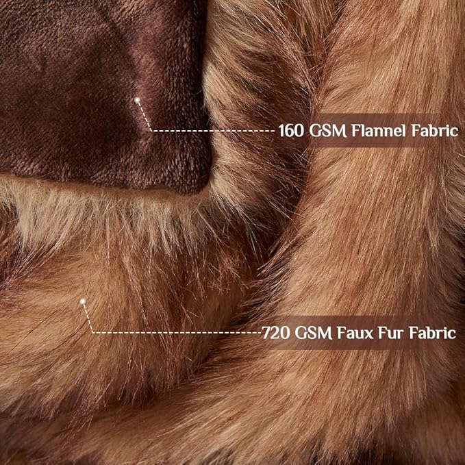 Fluffy Faux Fur Throw Blanket – Super Soft Warm Thick Plush Blanket for Bed, Couch & Office, Cozy Fuzzy Throw with Flannel Backing,108"x90", Brown