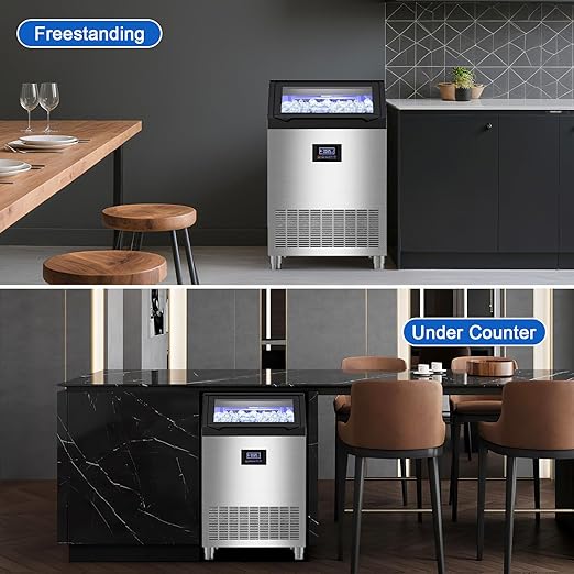 Commercial Ice Maker Machine 350 LBS/24H, 136 Ice Trays Freestanding & Undercounter Ice Machine Stainless Steel with 60 LBS Ice Storage Capacity, Ice Maker with Water Line and Filter, Dual Water Inlet