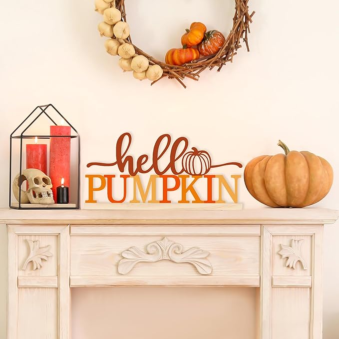 COCHIE Metal Hello Pumpkin Sign, Orange Fall Decorations for Home, Office, Shelf, Mantel, Indoor, Autumn Pumpkin Decoration, Hello Fall Decor (Autumn A)