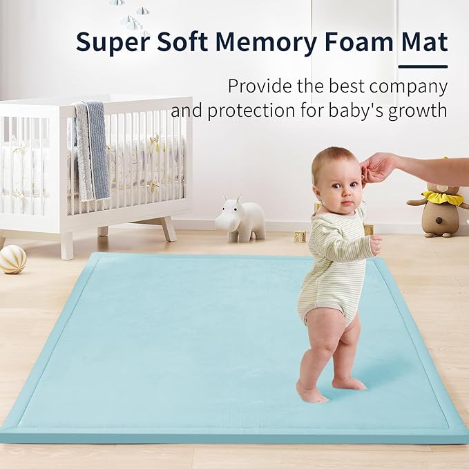 ACOMOPACK Baby Play Mat for Floor 1.3" Thick Memory Foam Play Mat 39"×59" Tummy Time Crawling with Non-Slip Bottom for Living Room,Nursery,Soft Velvet Playpen Mats for Kids,Infants(Light Blue)