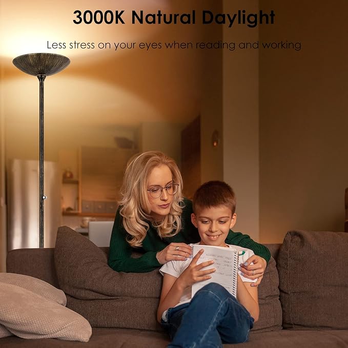 BoostArea Torchiere Floor Lamp Antique Bronze, 24W Super Bright LED Standing Lamp, 3000K Dimmable Pole Lamp with Rotary Switch, 70 Inch Tall Metal Modern Floor Lamps for Living Room/Bedroom/Office/Den