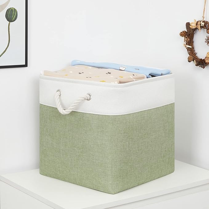 Bidtakay Cubby Storage Bins Set of 3 Fabric Baskets for Shelves Closet Drawer Organizer Storage Cubes 13x13 Collapsible Organization Baskets for Nursery Toy Shelf (White&green)