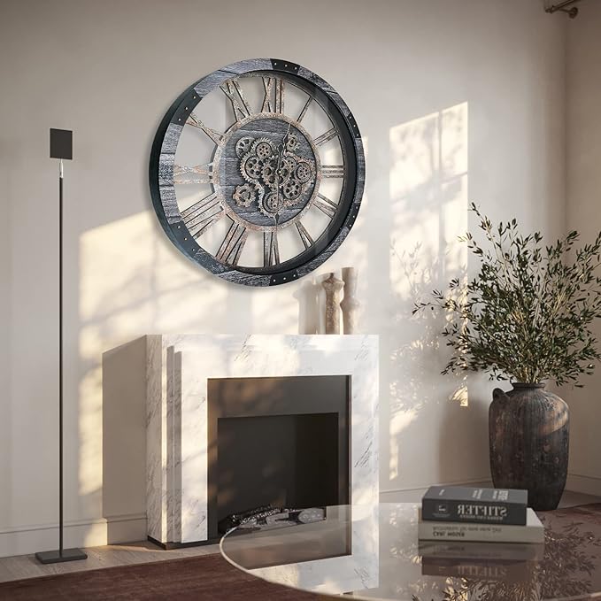 27 Inch Moving Gear Wall Clock, Oversized Wall Clocks, Clock Living Room Decor, Solid Wood Frame, Battery Operated, Large Wall Clock with Steampunk Industrial for Fireplace(Gray)