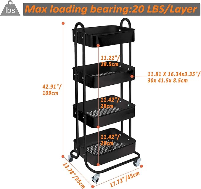 4-Tier Metal Mesh Utility Rolling Cart Storage Organizer Shelf Rack with Lockable Wheels for Living Room Kitchen Office, Black