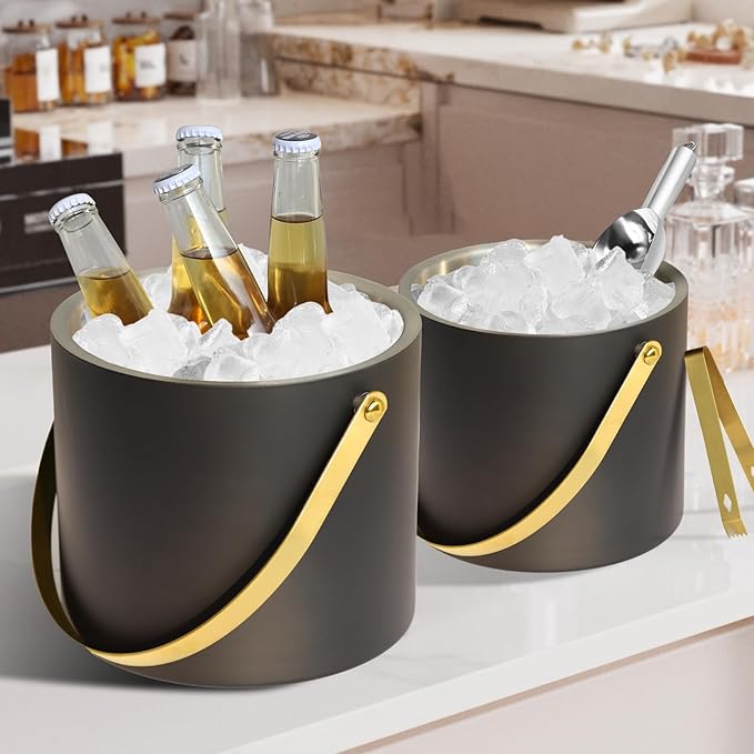 4L Ice Bucket with Silicone Lid, Scoop, Gold Tongs & Strainer, Stainless Steel Double Wall Insulated Ice Buckets for Parties & Cocktail Bar Outdoor Champagne Ice Container Bin, Black