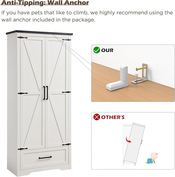 72" Tall Wood Storage Cabinet, Farmhouse Kitchen Pantry Cabinet with Adjustable Shelves & Drawer & Barn Doors, Versatile Storage for Kitchen, Dining Room, Bathroom, Antique White