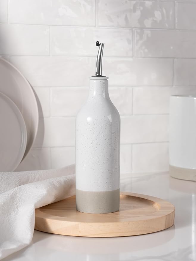 famiware Milkyway 16oz Ceramic Olive Oil Dispenser Bottle, 1 Piece Oil Dispenser for Kitchen with Stainless Steel Pourers, Suitable for Storage Vinegar, Soy Sauce, Coffee Syrup, Liquids, Light Gray