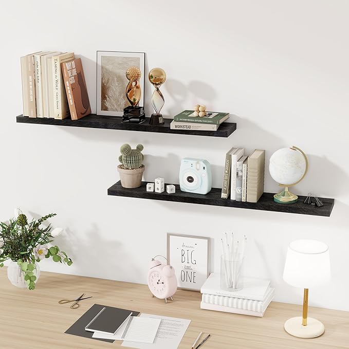 Floating Shelves for Wall, 40 Inch Floating Shelves for Home Decor, Wall Mounted Rustic Wood Shelves, Bathroom, Hanging Deep Shelf for Bedroom, Living Room, Kitchen (Black, Set of 2)