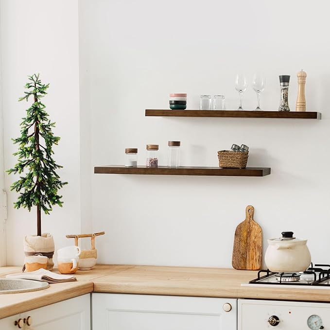 Fun Memories Farmhouse Floating Shelves - 8 Inch Deep Rustic Wood Wall Shelf - Premium Solid Pine Wood Storage Shelf for Kitchen Living Room Bedroom - 30" W x 8" D - Set of 2 - American Walnut