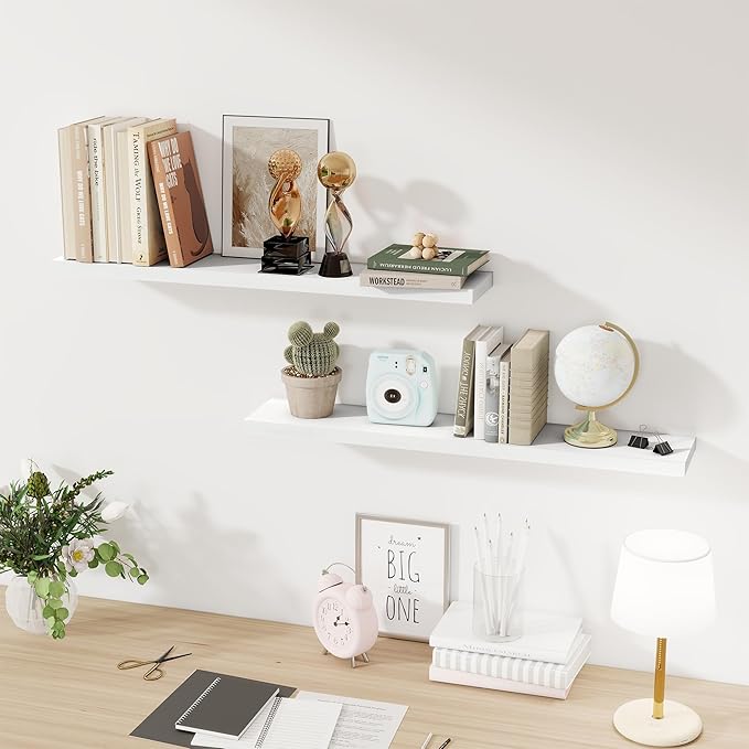 Fun Memories 36Inch Floating Shelves for Wall 2 Pack Wood Shelves for Kitchen, Bathroom, Bedroom Wall Mounted Rustic Wood Floating Shelf with Invisible Brackets for Books, Storage, Decor, White