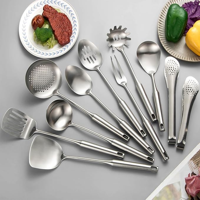 304 Stainlss Steel Kitchen Utensils Set, 11 Pcs Long Metal Cooking Utensil Gadgets Tools Set with Spatula, Ladle, Spoon, Ladle, Skimmer, Tunner, Pasta Server, Tongs(Silver, Dishwasher Safe)