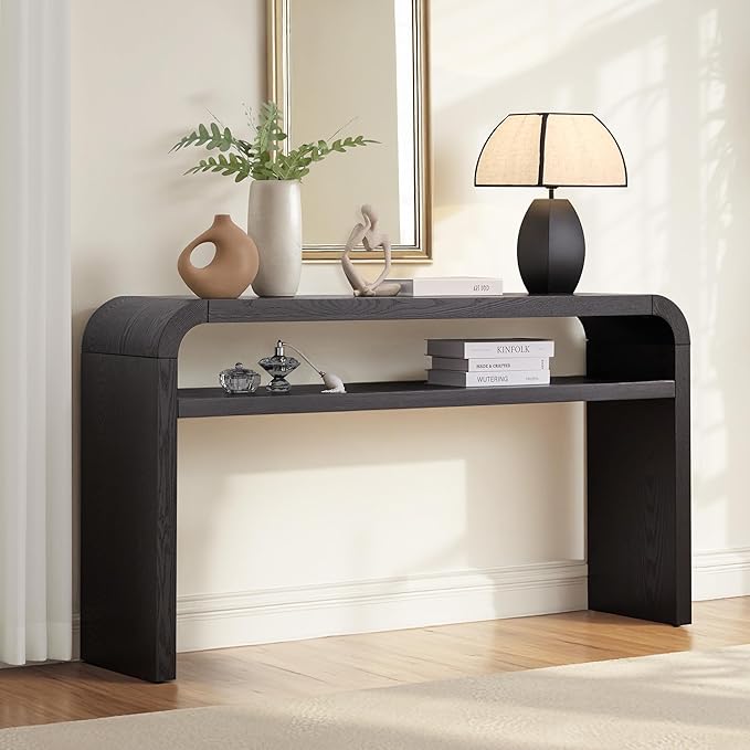 BECHAEO 59-Inch Long Console Table, 2-Tier Thickened Narrow Entryway Table, Farmhouse Console Tables Behind Couch, Retro Industrial Hallway Accent Tables for Living Room, Entrance