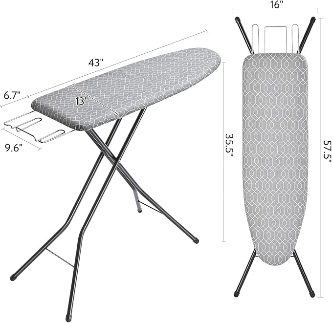 APEXCHASER Full Size Ironing Board with Iron Rest, Lightweight Iron Board with Height Adjustable, Extra Thick Heat-Resistant Cover with Padding, Heavy-Duty Sturdy Metal Legs, 43x13 Grey