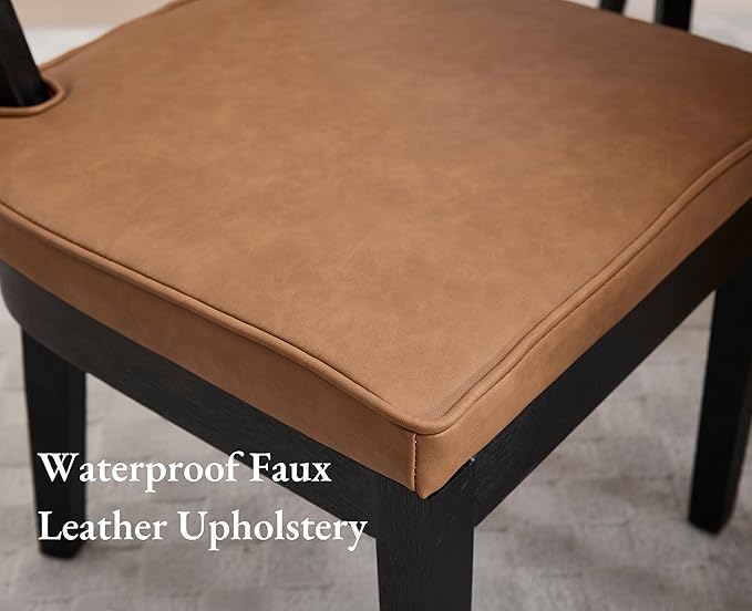 EALSON Mid Century Modern Rattan Dining Chairs Set of 2 Farmhouse Black Wood Kitchen Chairs with Cane Back Leather Upholstered Accent Armless Chairs for Dining/Living Room Restaurant, Brown