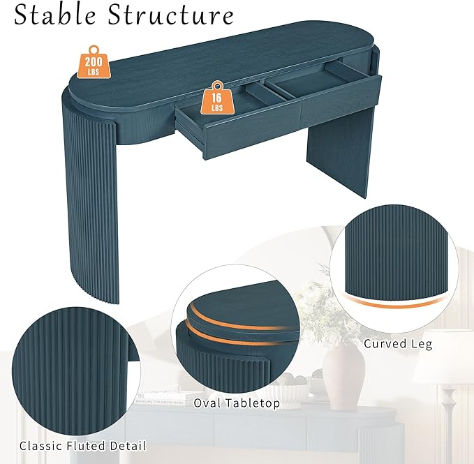 55" Sofa Table with Oval Top and 2 Drawers, Entryway Console Table with Fluted Design for Hallway,Foyer,Entry and Living Room (Fully Assembled-Navy)