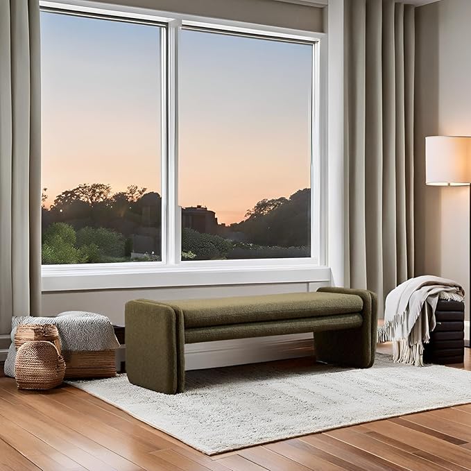 Green Boucle Bench 50" Sherpa End of Bed Bench Modern Upholstered Bench for Bedroom Entryway Living Room Vanity Makeup Room, Teddy Fabric Bench with Seating