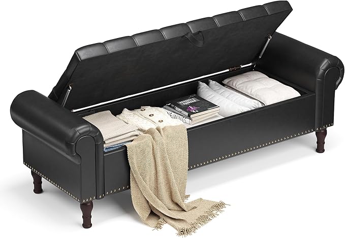 60" Storage Ottoman Bench for Bedroom, Full Queen Storage Bench with Button, Upholstered Bedroom Bench with Rolled Arms for Living Room, Storage Room, Entryway, Black