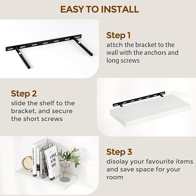 48 Inch Floating Shelves White, Rustic Wood Floating Shelf Wall Mounted, 9 Inch Deep Floating Shelf for Kitchen, Bedroom, 48 x 9 Wall Shelves for Home Storage, Set of 1