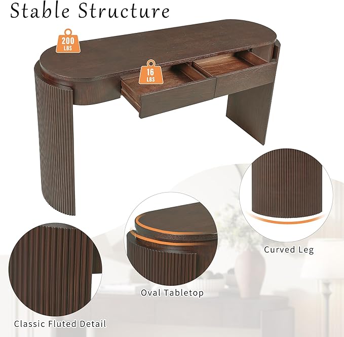 55" Sofa Table with Oval Top and 2 Drawers, Entryway Console Table with Fluted Design for Hallway,Foyer,Entry and Living Room (Fully Assembled-Espresso)