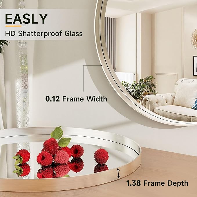 32 Inch Silver Round Bathroom Mirror - Wall Mounted Circle Mirror with Metal Frame, Modern Mirror Suitable for Bathroom, Vanity, Entryway, Living Room, Wall Decor