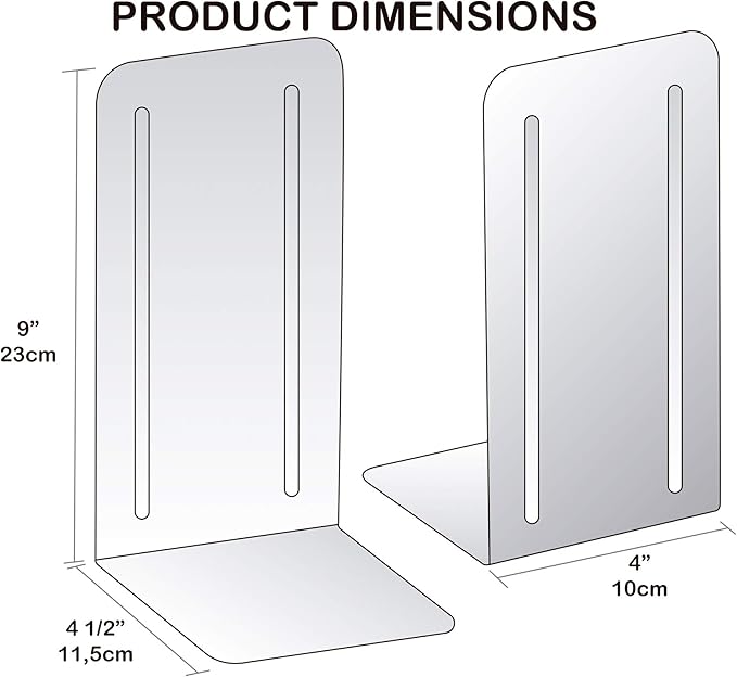 Acrimet Metal Bookends, Jumbo Size 9" H x 4" W x 4-1/2" D, Non-Skid Book Stand for Shelves, Heavy Duty Book Stopper, Black, 1 Pair