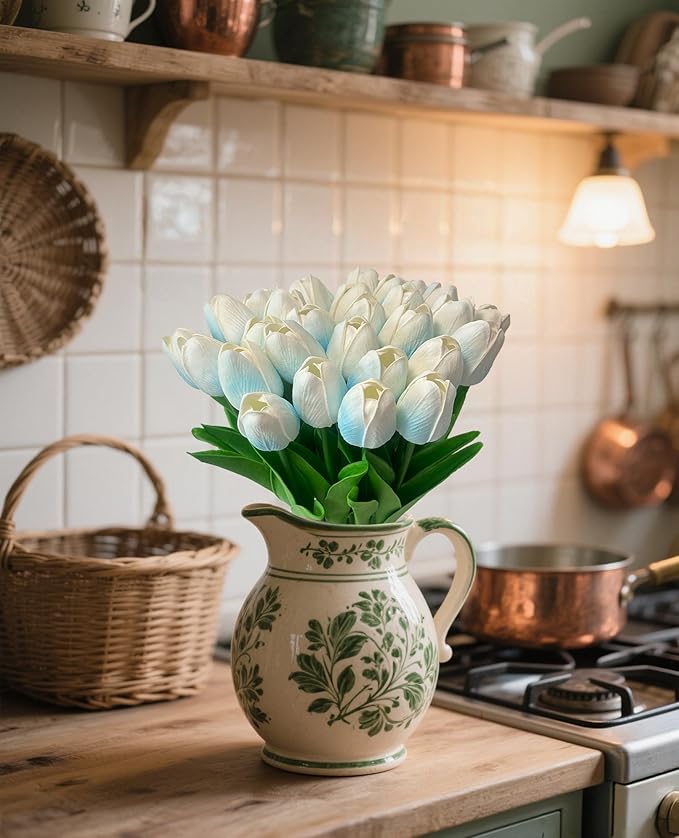 15 Pcs Fake Tulips Artificial Flowers Real Touch PU Faux Flowers Tulip Stems for Wedding Bouquet Floral Arrangement Home Party Office Decorations Mother's Day