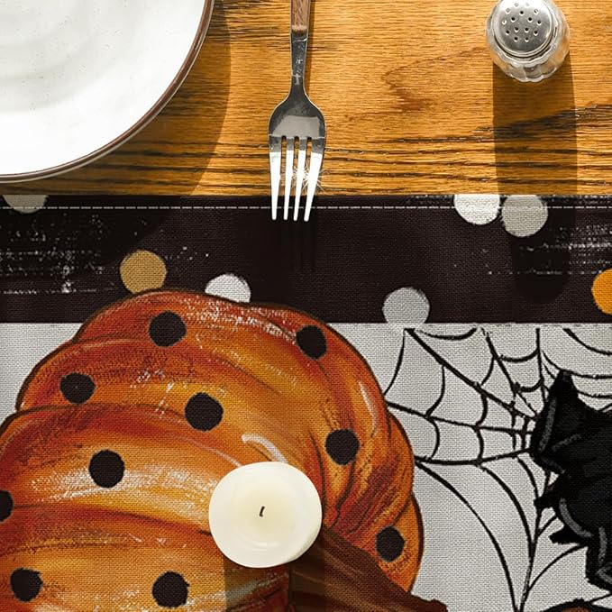 Artoid Mode Jack-O'-Lantern Pumpkin Ghost Spider Web Halloween Table Runner,Holiday Kitchen Dining Table Decoration for Home Party Decor 13 x 48 Inch