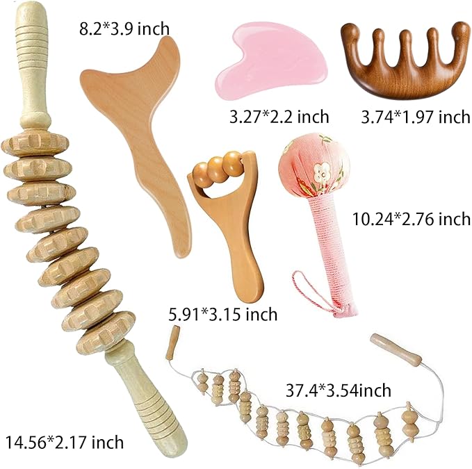 7-in-1 Lymphatic Drainage Massager Set,Wood Therapy & Cellulite Massager Tools for Gua Sha, Full Body Meridian Detox (Face/Head/Waist/Legs),Maderotherapie Outils for Body Sculpting, lymphatic roller
