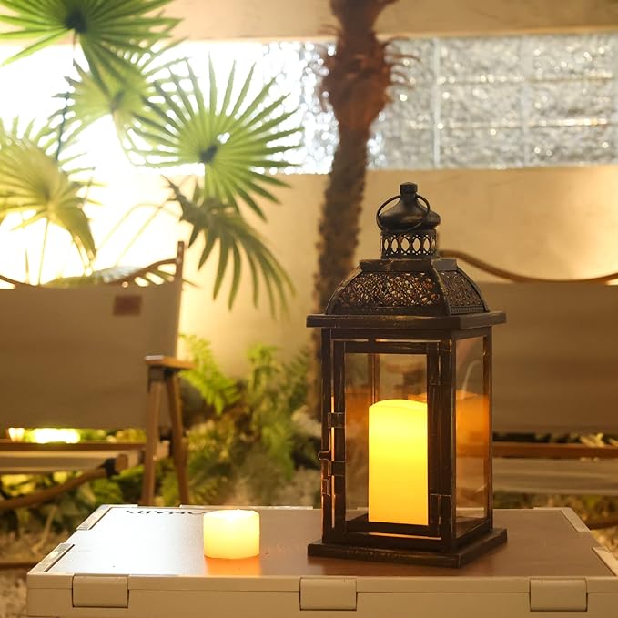 DECORKEY Lanterns Decorative Indoor&Outdoor, 14.4'' Large Black Square Hanging Lanterns, Vintage Metal Candle Holder for Outdoor Patio Front Door Porch Wedding Party Decor