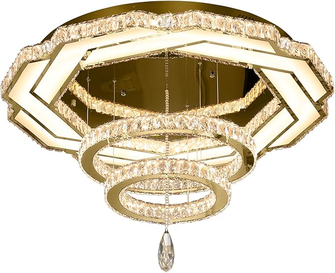 Flashing God Crystal Chandeliers Dia 32" Gold Chandelier Flush Mount Ceiling Light for Bedroom Living Room Dining Room Hallway Dimmable 3 Rings LED Celing Lighting Fixtures