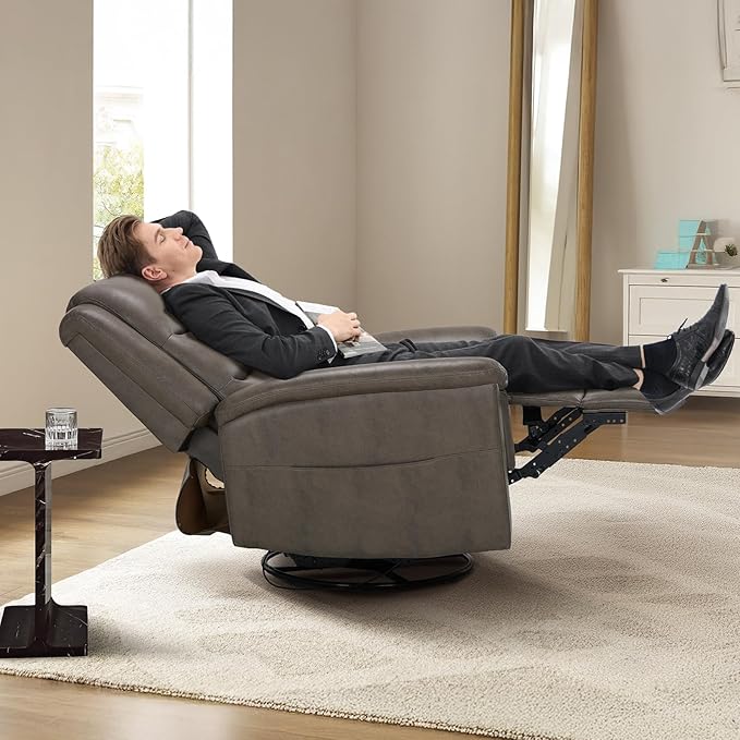 COLAMY Oversized Leather Recliner Chair, 360°Swivel Rocking Manual Recliner with Thick Cushioned Padding Backrest and Wide Seat - Lightbrown