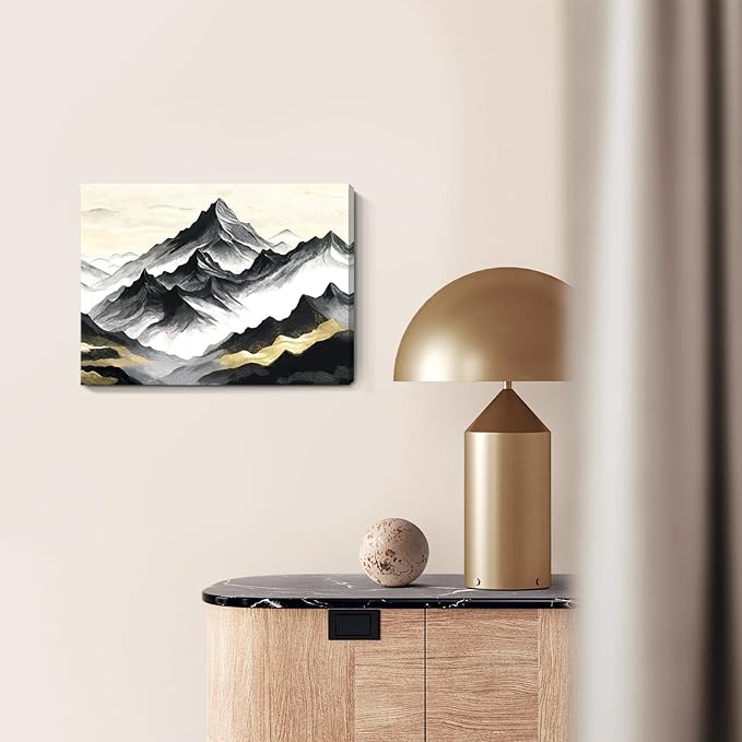 amatop Black and White Mountain Wall Art – Minimalist Modern Landscape Canvas Print Nature Scene Picture Bathroom Bedroom Office Wall Decor, Small Tranquil Misty Hills Zen Artwork for men, 16x12 Inch