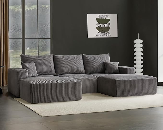 Boneless Sectional Cloud Couch Sofa for Living Room, 112" U-Shaped Modular Modern Lounge Sleeper Grey Couches with Chaise, No Assemble, Cordury Compression Upholstered Sofas