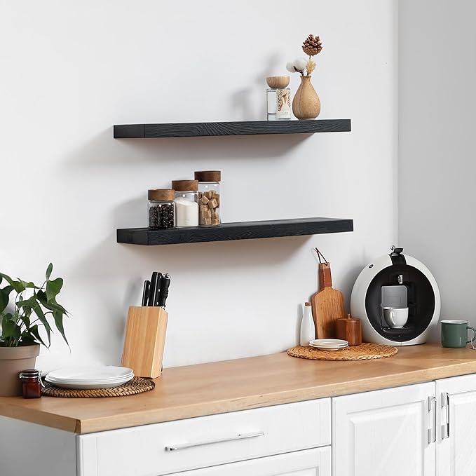 Fun Memories Handcrafted European Pine Floating Shelves - Natural Rustic Wooden Wall Shelf Set of 2-24 Inch Storage Shelf Display Shelf for Kitchen Bathroom Living Room Bedroom Farmhouse - Black