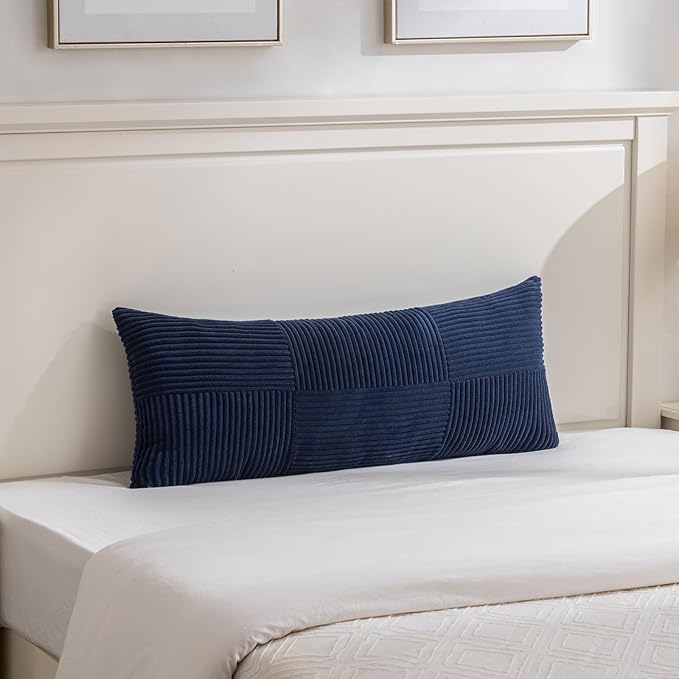Fancy Homi Set of 2 Navy Blue Boho Long Lumbar Body Decorative Throw Pillow Cover 14x36 Inch for Bed Couch Bedroom Bench, Soft Patchwork Corduroy Textured Pillow Case, Rustic Farmhouse Room Décor