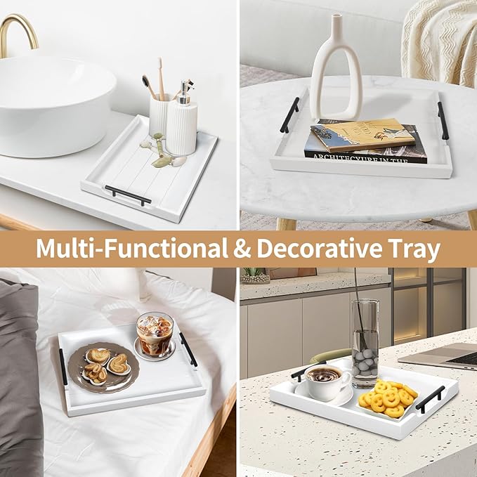 Coffee Table Tray - Large Ottoman Tray for Living Room - Wood Serving Tray with Handles(2 Sets) - Wooden Tray for Coffee Table, 4 Round Coasters Included, White