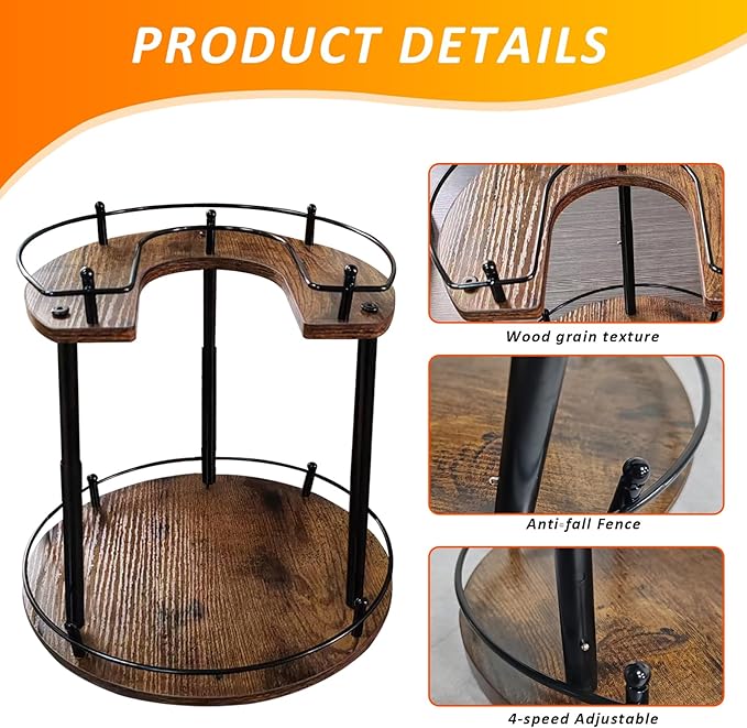 2-Tier Lazy Susan Organizer, Rotating Spice Rack with Stable Carousel Base & 4 Height Settings, Spice Rack Organizer for Cupboard Kitchen Countertop Dining Table